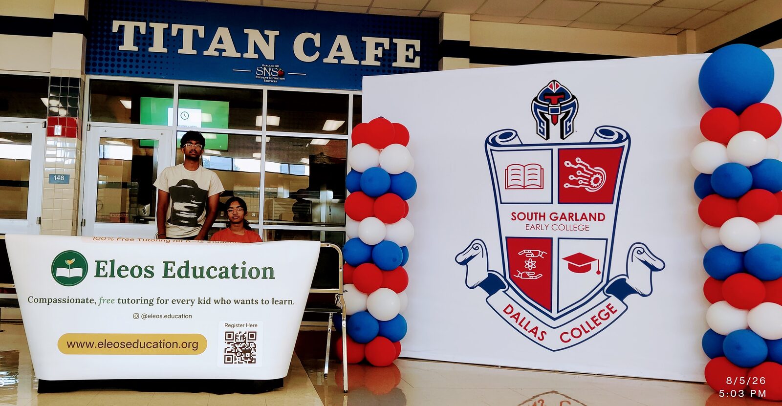 The Eleos Education banner on display at a South Garland Early College community event.